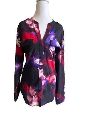 Calvin Klein Blouse Womens XL Floral Button Up Top Roll Tab Sleeve Black Purple